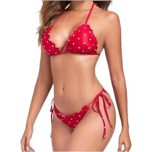 RELLECIGA Brazilian Bikini Triangle Top  Polka Dot Wavy Small  Red Sexy Teeny